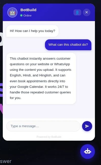 BotBuild chat widget answering a visitor's question about what the chatbot can do